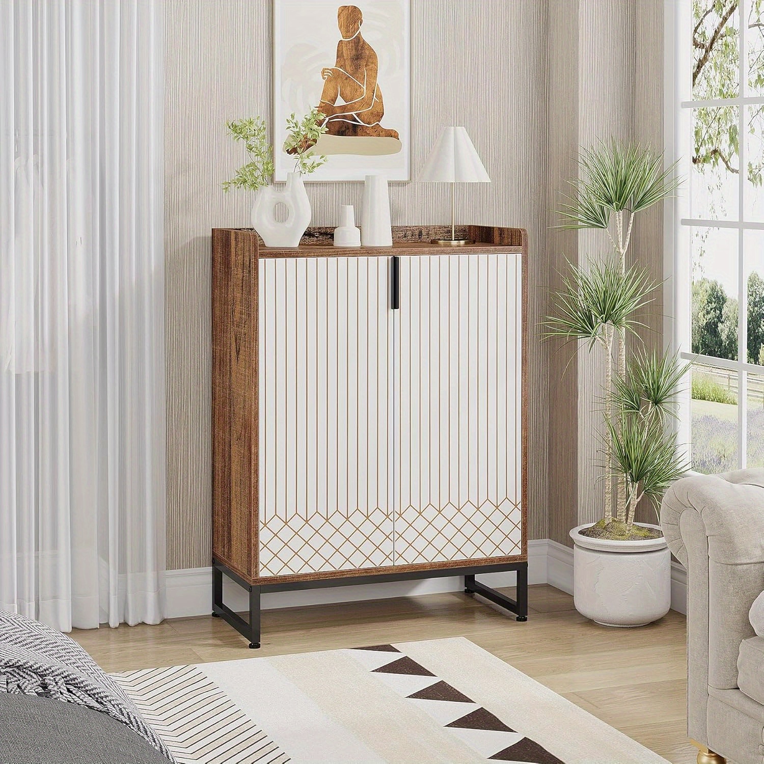 Armoire à chaussures moderne Lantine, 25 paires, portes, range-tout en bois à 5 niveaux, brun autonome avec cadre en métal noir pour chambre, salon