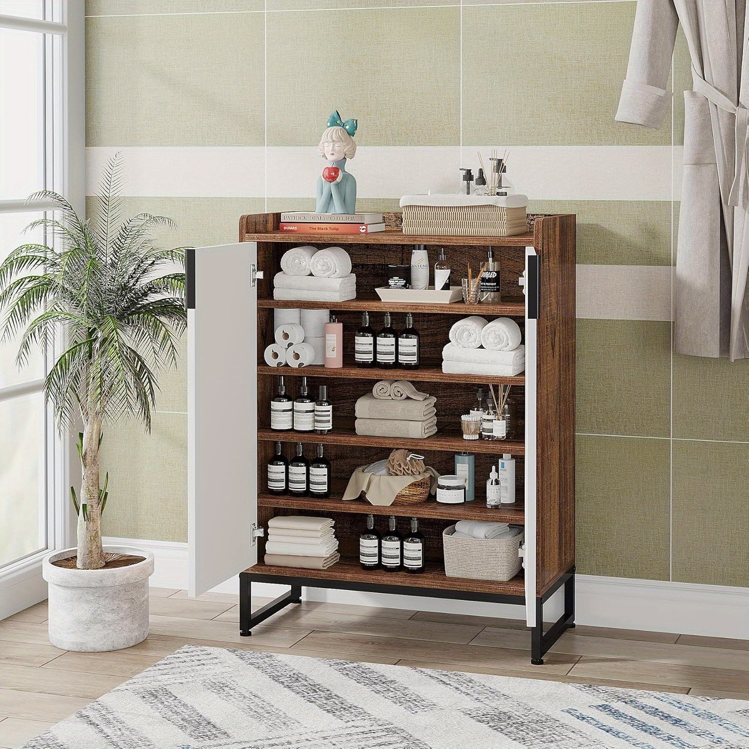 Armoire à chaussures moderne Lantine, 25 paires, portes, range-tout en bois à 5 niveaux, brun autonome avec cadre en métal noir pour chambre, salon