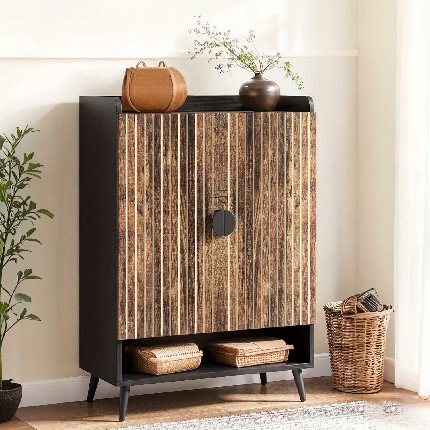 Lantine 6-Tier Rustic Brown+Black Farmhouse Shoe Storage Cabinet, Large Capacity for Entryway, Hallway, Closet