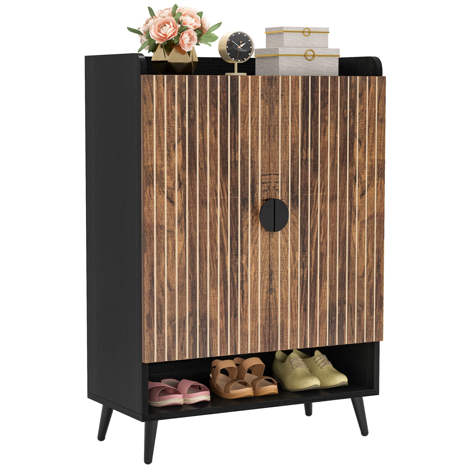 Lantine 6-Tier Rustic Brown+Black Farmhouse Shoe Storage Cabinet, Large Capacity for Entryway, Hallway, Closet