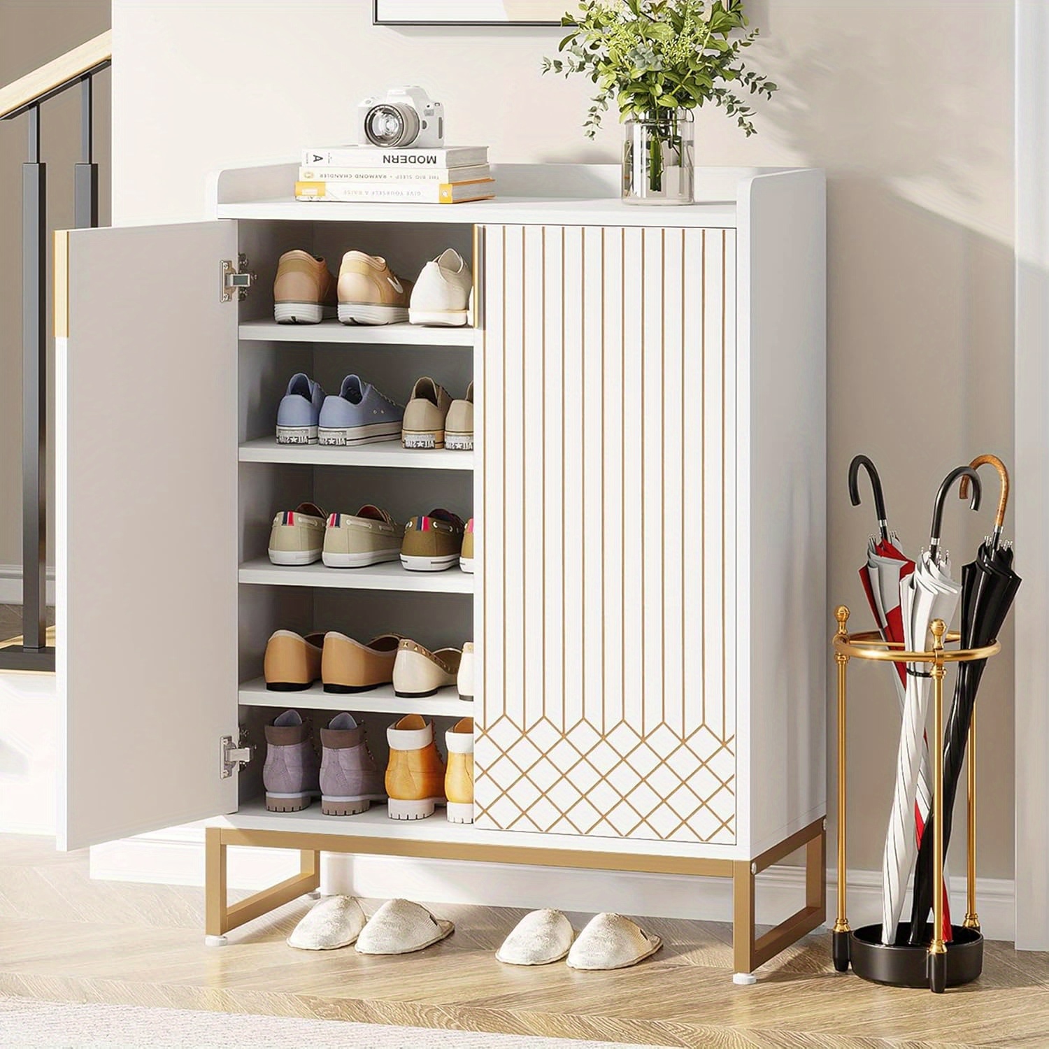 Lantine – Armoire à chaussures en bois blanc à 5 niveaux avec portes, rangement pour 25 paires, rangement moderne