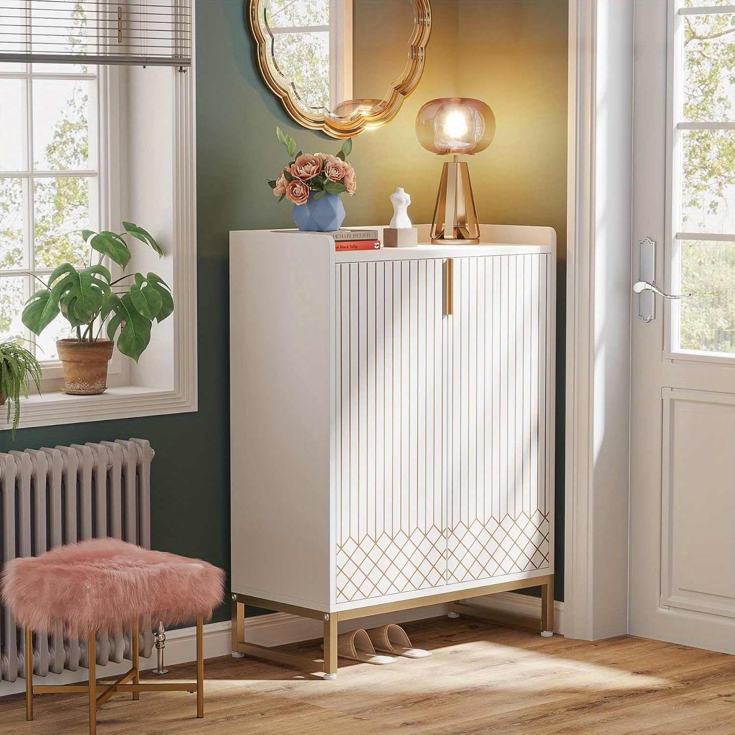 Lantine – Armoire à chaussures en bois blanc à 5 niveaux avec portes, rangement pour 25 paires, rangement moderne