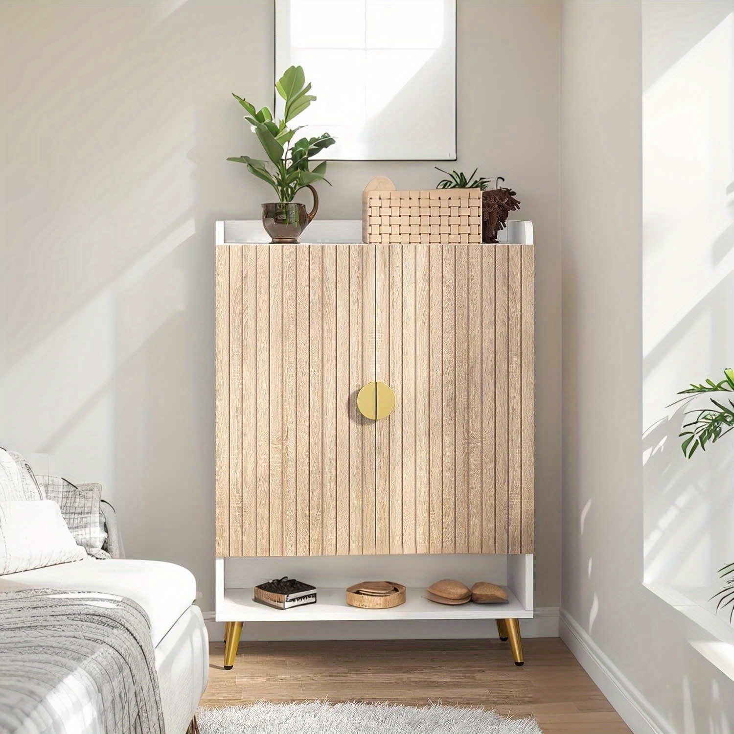 Lantine 7-Tier Wooden Shoe Storage Cabinet with Adjustable Shelves, Wood and Gold for Entryway, Hallway, Closet, Living Room