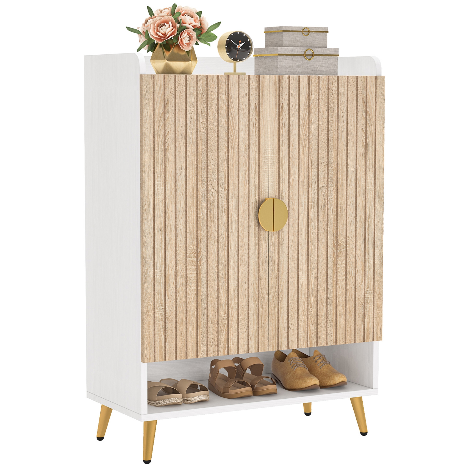 Lantine 7-Tier Wooden Shoe Storage Cabinet with Adjustable Shelves, Wood and Gold for Entryway, Hallway, Closet, Living Room