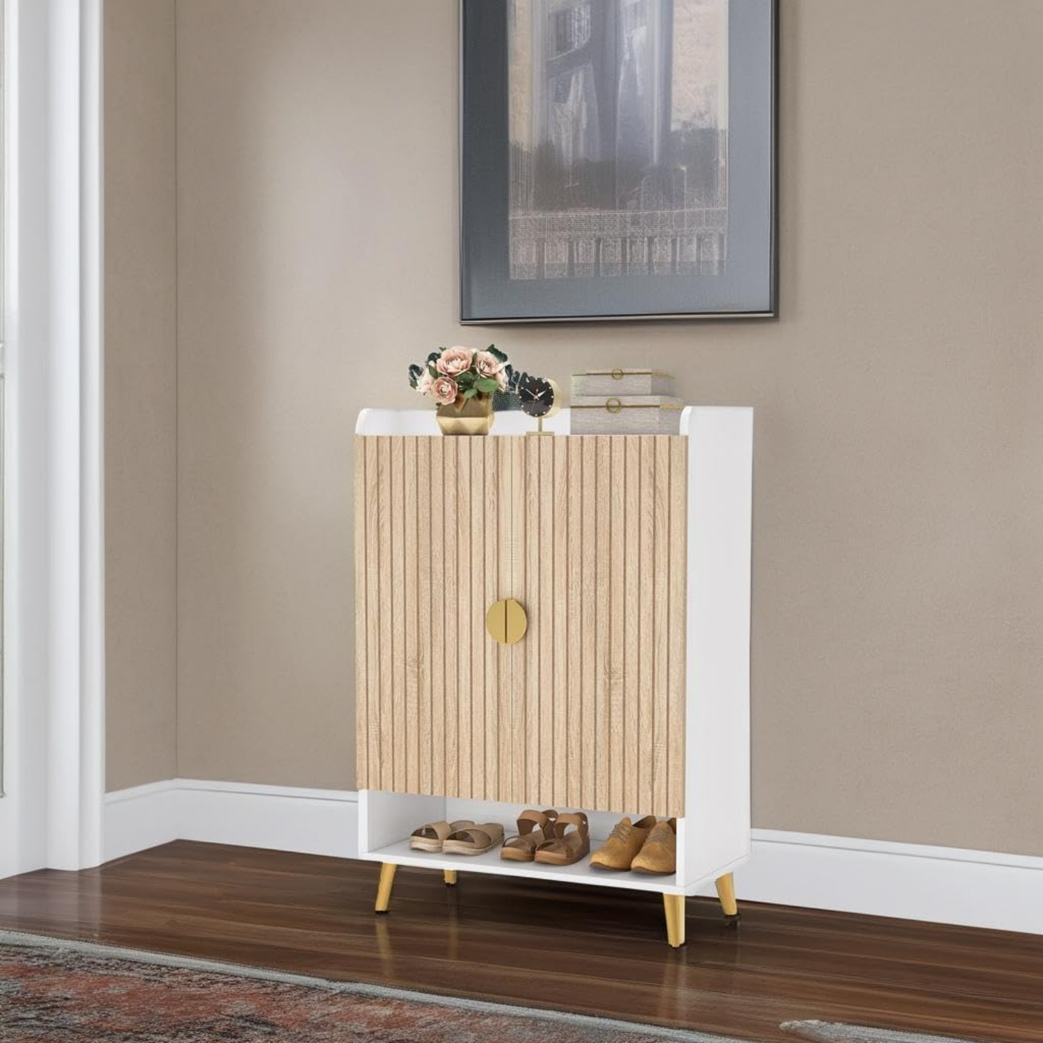 Lantine 7-Tier Wooden Shoe Storage Cabinet with Adjustable Shelves, Wood and Gold for Entryway, Hallway, Closet, Living Room