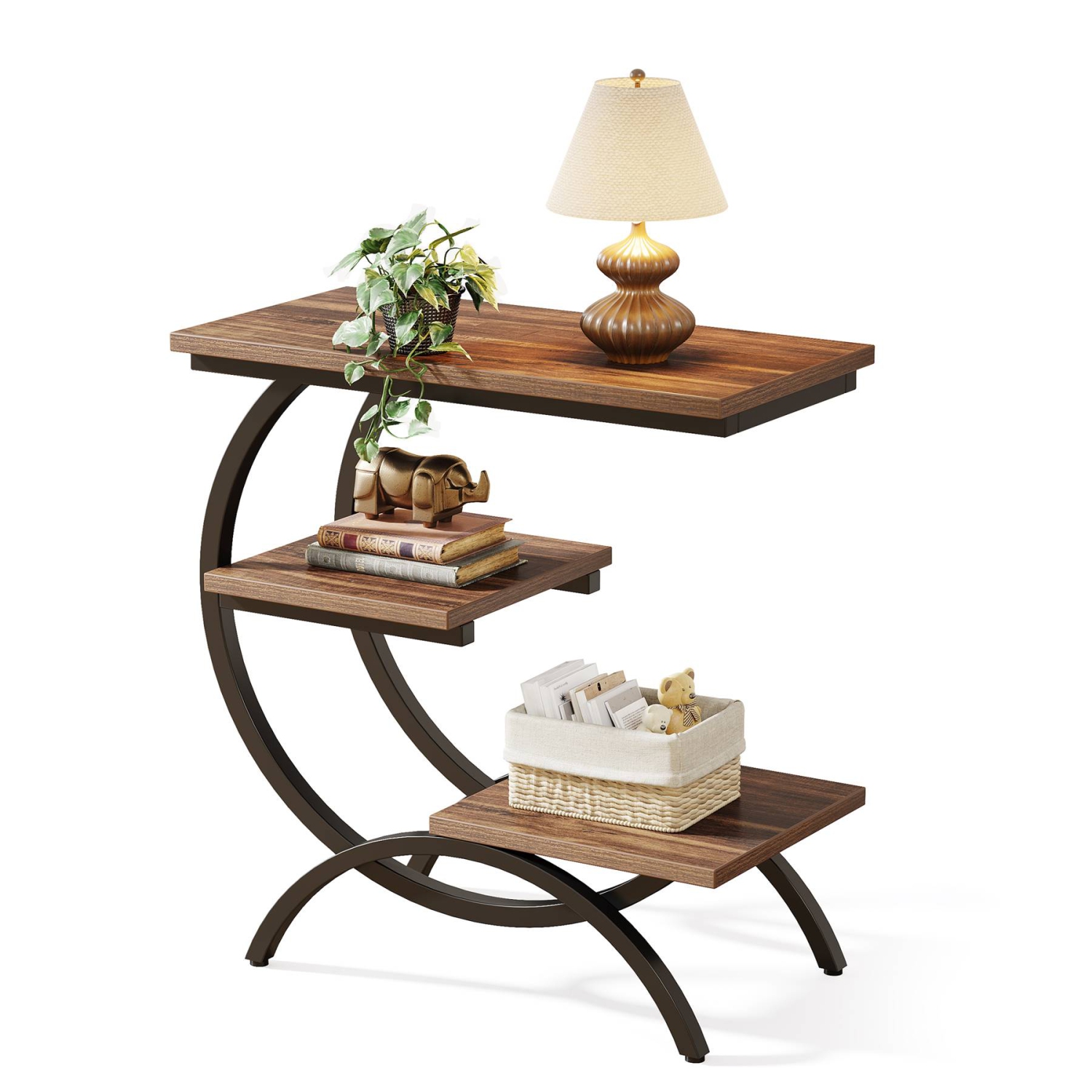 Lantine C-Shaped Industrial End Table, 3-Tier Small Side Table for Couch, Wood Bedside Table with Storage Shelves, Dark Brown