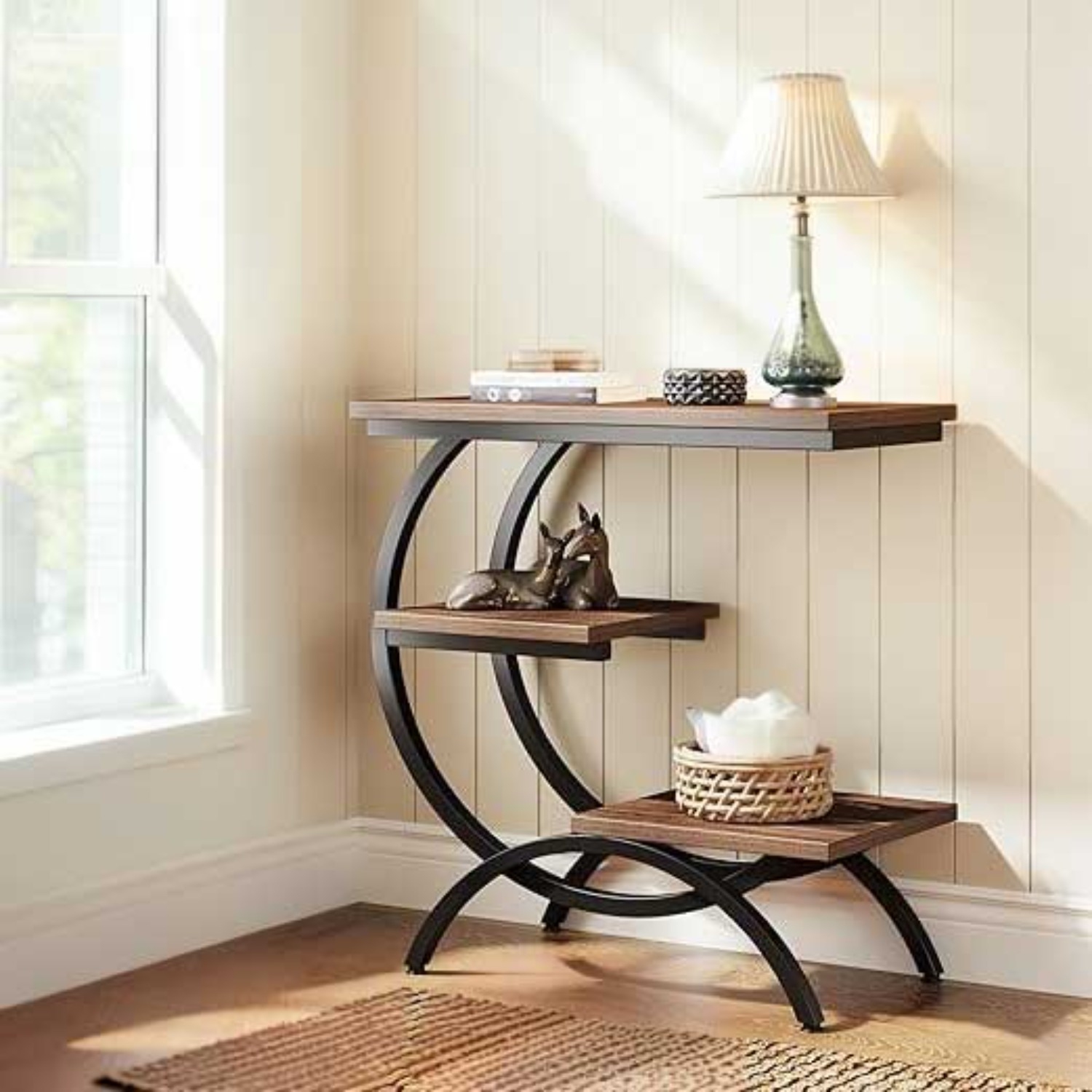 Lantine C-Shaped Industrial End Table, 3-Tier Small Side Table for Couch, Wood Bedside Table with Storage Shelves, Dark Brown