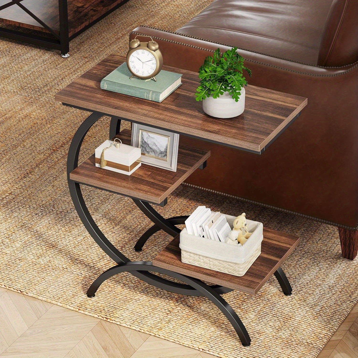 Lantine C-Shaped Industrial End Table, 3-Tier Small Side Table for Couch, Wood Bedside Table with Storage Shelves, Dark Brown