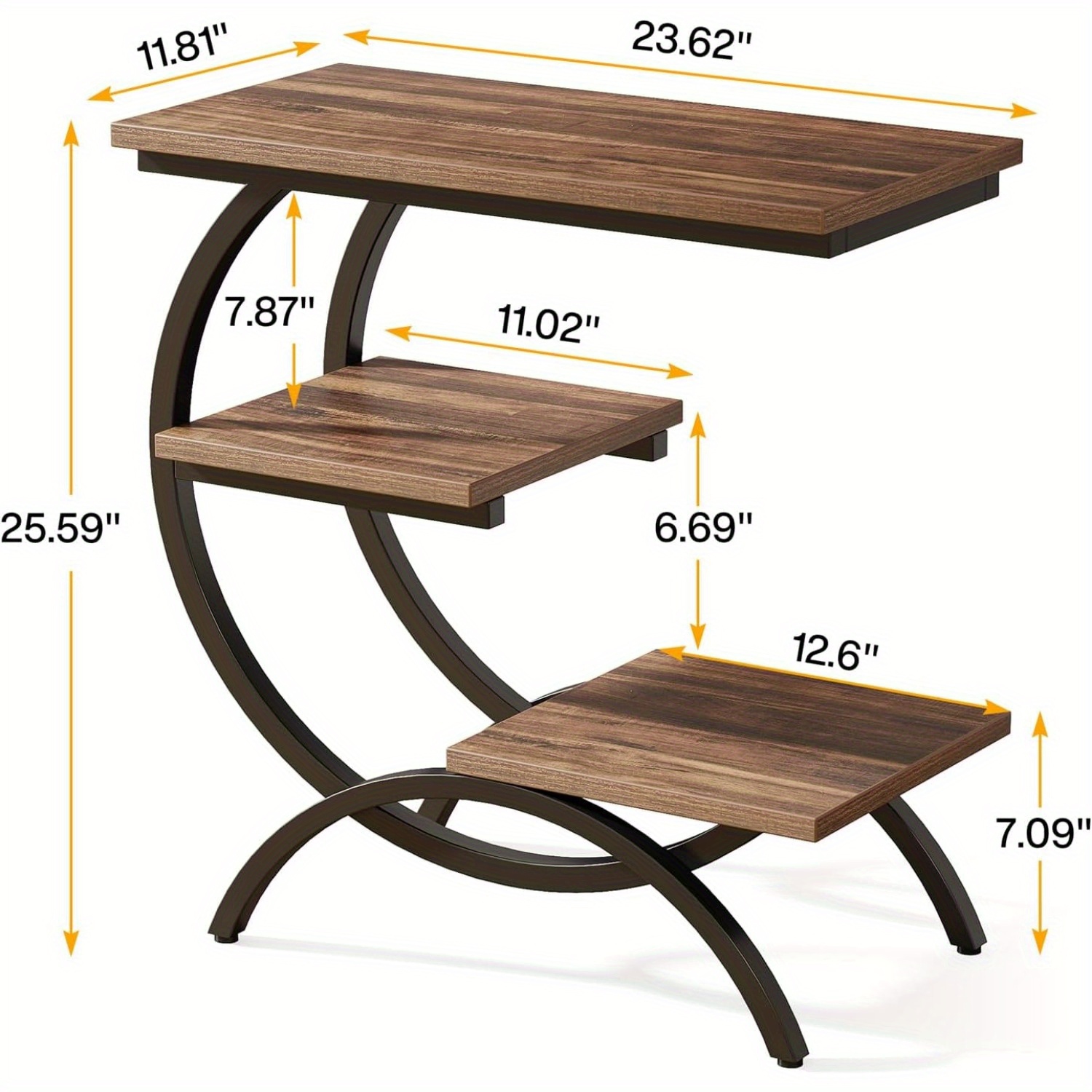 Lantine C-Shaped Industrial End Table, 3-Tier Small Side Table for Couch, Wood Bedside Table with Storage Shelves, Dark Brown