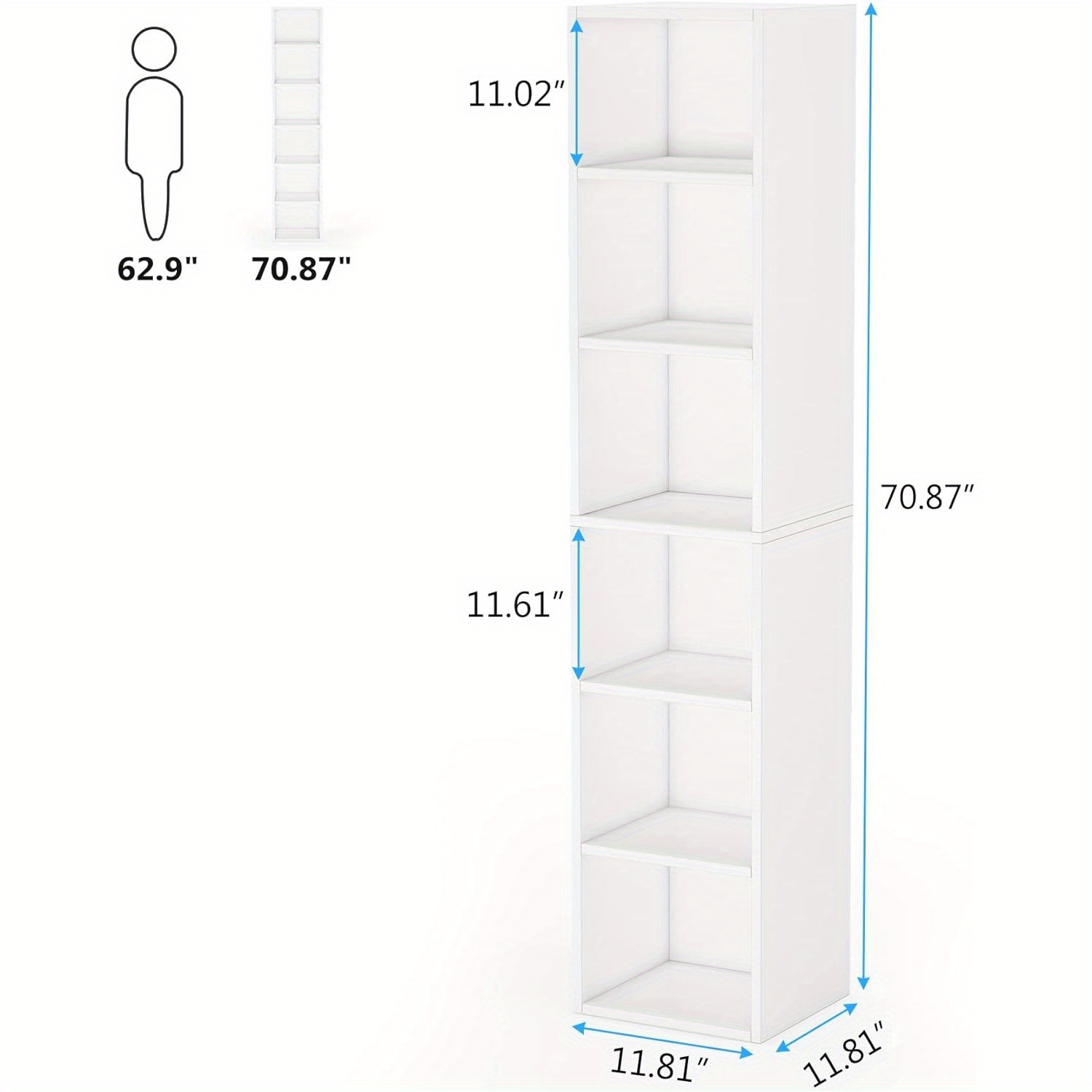 Lantine – Grande bibliothèque étroite de 70,9 po, bibliothèque moderne en coin blanc avec rangement, 6 tablettes de présentation en forme de