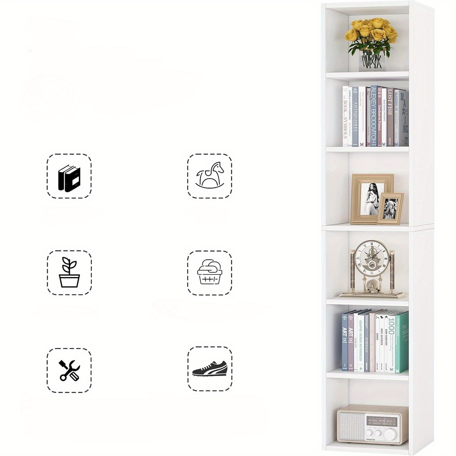 Lantine – Grande bibliothèque étroite de 70,9 po, bibliothèque moderne en coin blanc avec rangement, 6 tablettes de présentation en forme de