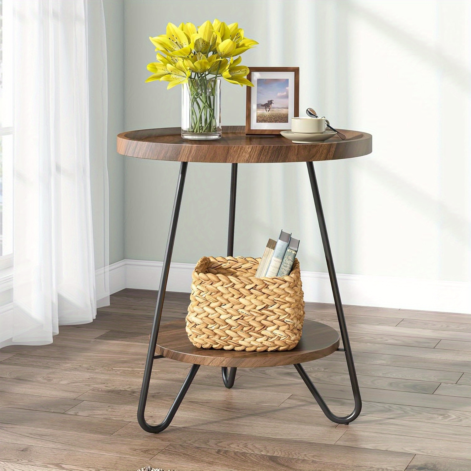 Lantine Round Side Table,2-Tier End Table With Metal Legs,Modern Industrial Beside Table,Small Accent Table Snack Table For Living Room,Bedroom,Small