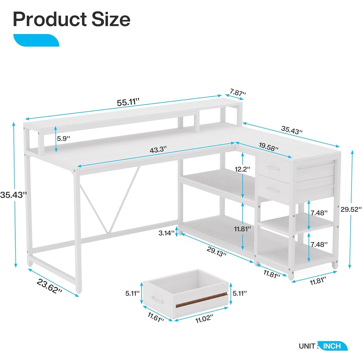 Lantine – Bureau en L avec tiroirs et tablettes de rangement, bureau en coin en L avec support pour moniteur, bureau d'ordinateur de bureau de 55 x