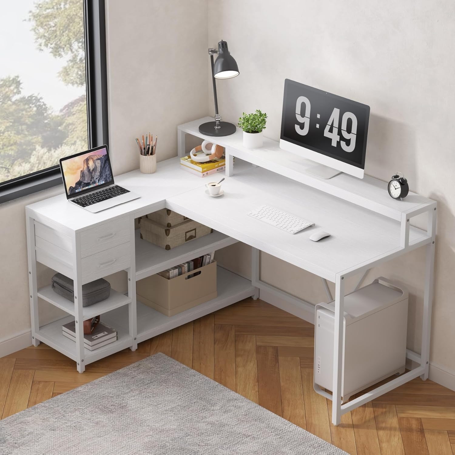 Lantine – Bureau en L avec tiroirs et tablettes de rangement, bureau en coin en L avec support pour moniteur, bureau d'ordinateur de bureau de 55 x
