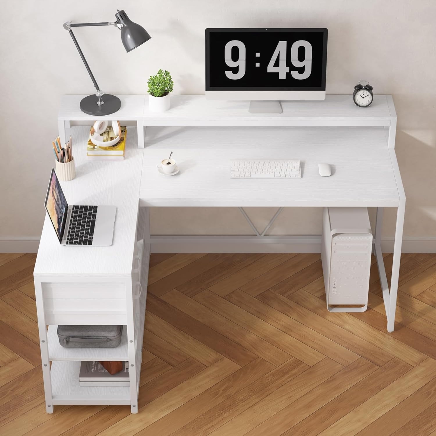 Lantine – Bureau en L avec tiroirs et tablettes de rangement, bureau en coin en L avec support pour moniteur, bureau d'ordinateur de bureau de 55 x