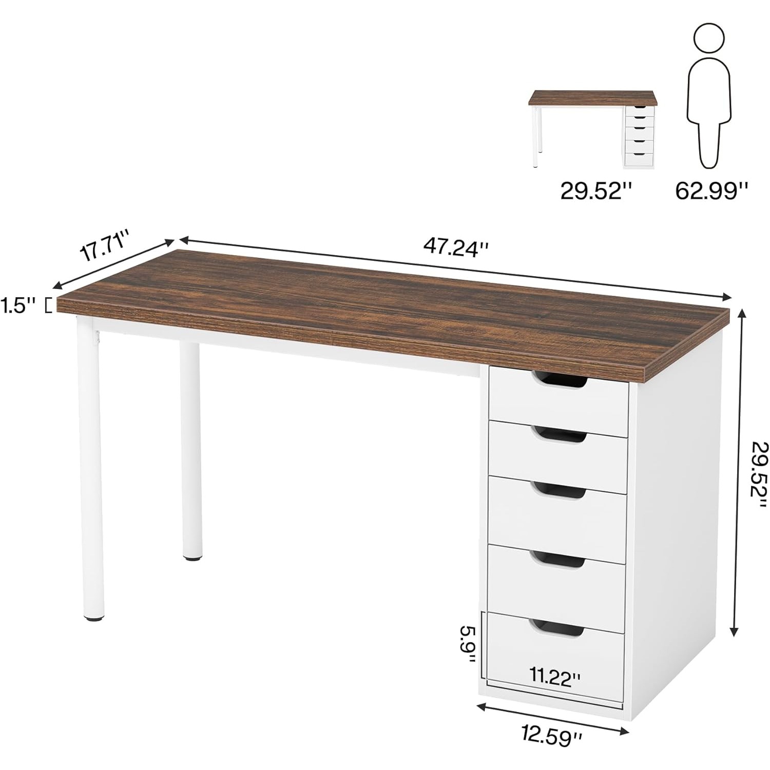 Bureau d'ordinateur avec 5 tiroirs Lantine, bureau brun rustique avec rangement de 47&nbsp;po, bureau d'ordinateur simple moderne pour petits espaces