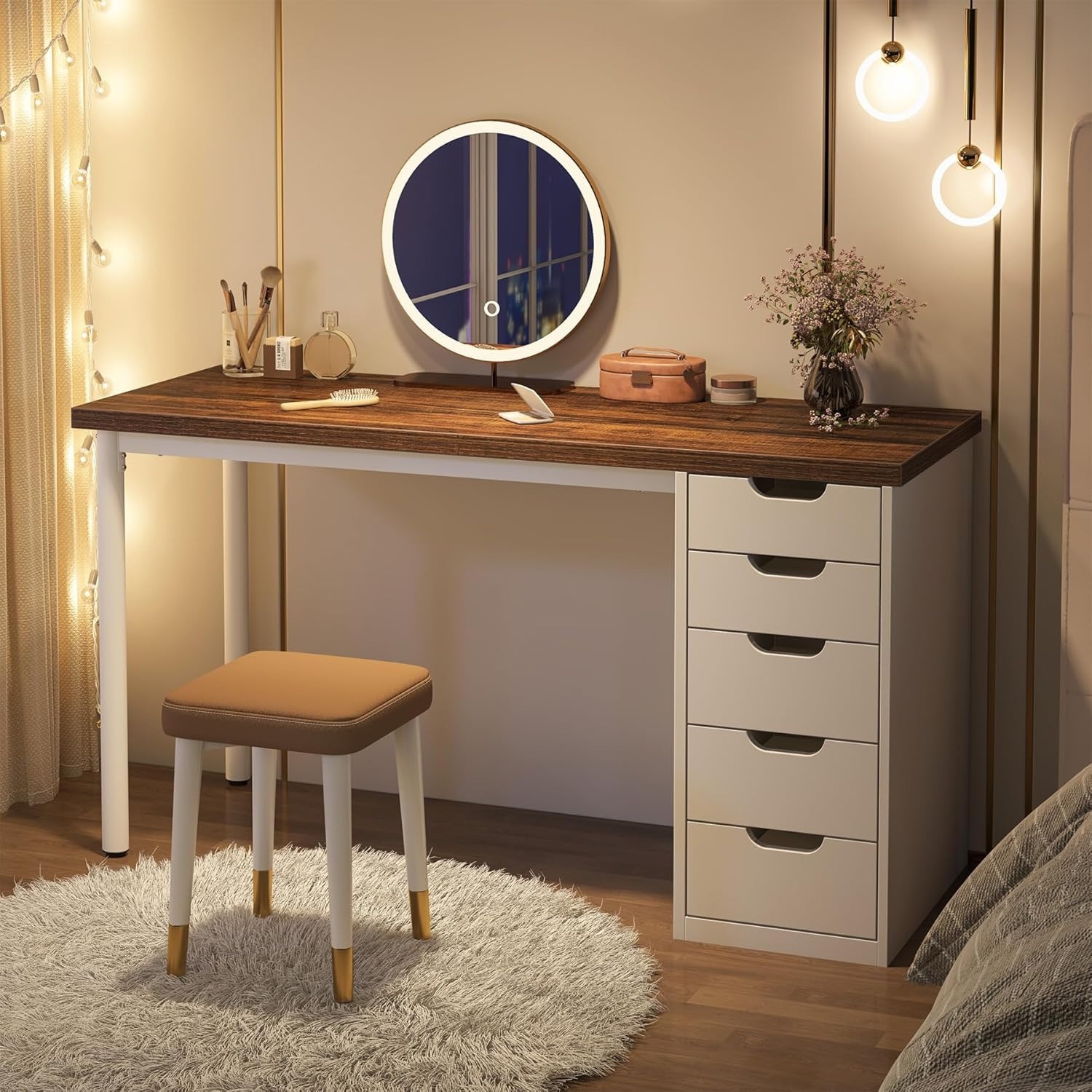 Bureau d'ordinateur avec 5 tiroirs Lantine, bureau brun rustique avec rangement de 47&nbsp;po, bureau d'ordinateur simple moderne pour petits espaces