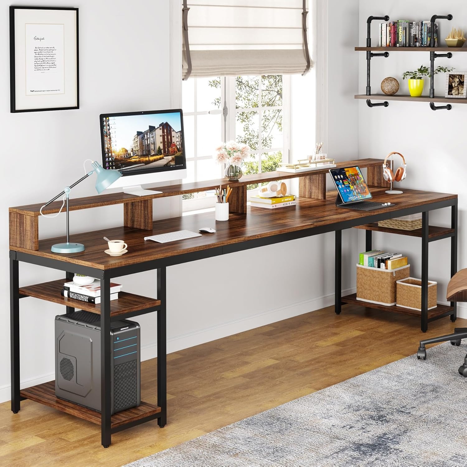 Lantine Two Person Desk With Monitor Stand,78.74" Long Double Computer Office Desk With Storage Shelves,Large Gaming Desk Study Writing Table