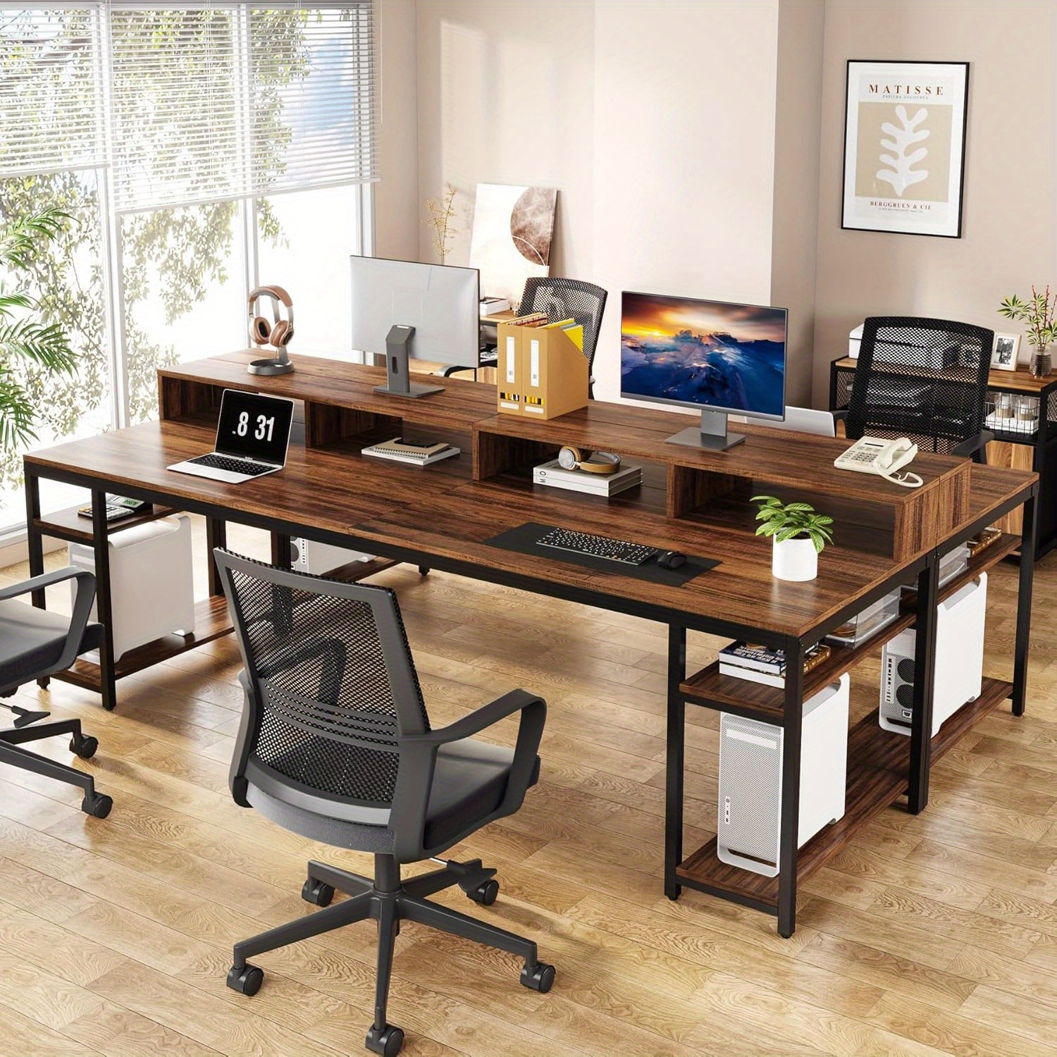 Lantine Two Person Desk With Monitor Stand,78.74" Long Double Computer Office Desk With Storage Shelves,Large Gaming Desk Study Writing Table