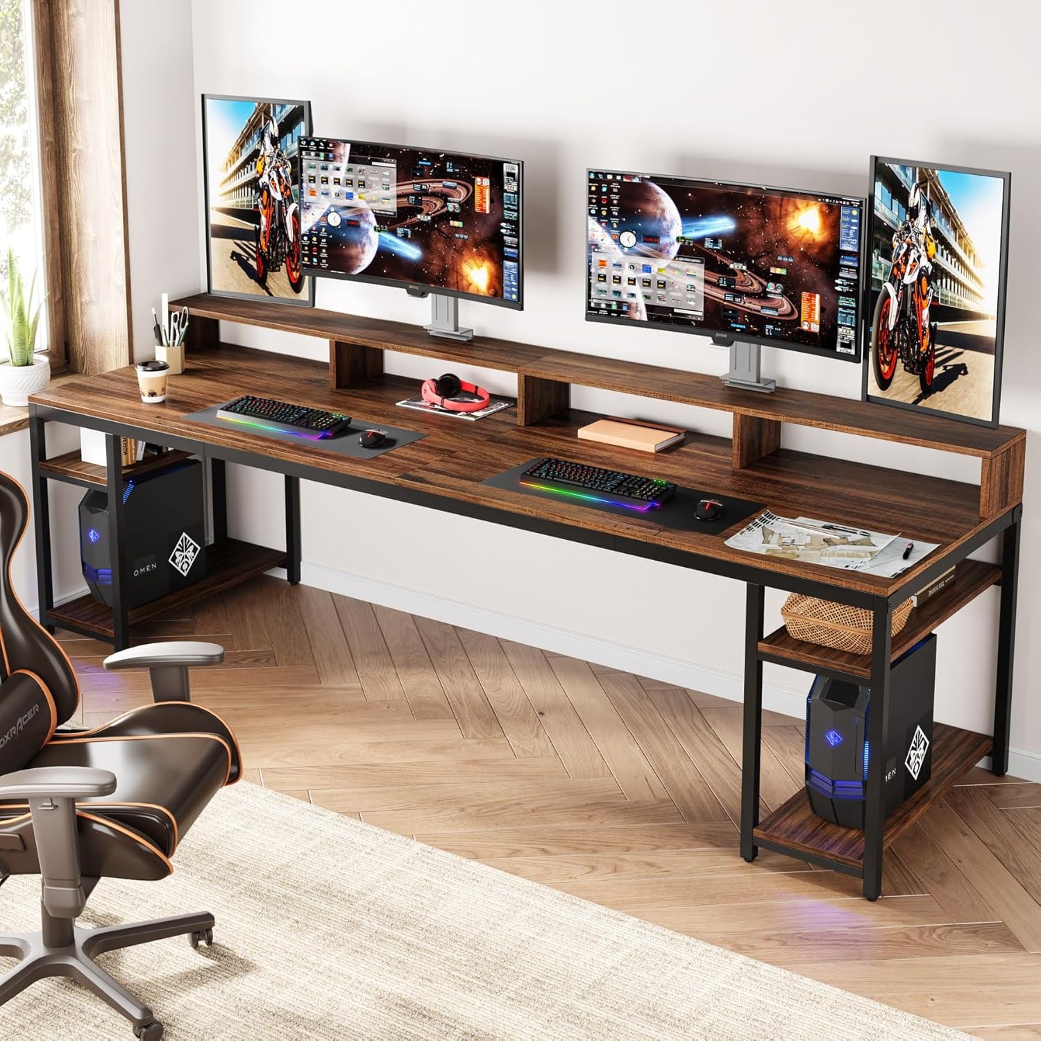 Lantine Two Person Desk With Monitor Stand,78.74" Long Double Computer Office Desk With Storage Shelves,Large Gaming Desk Study Writing Table