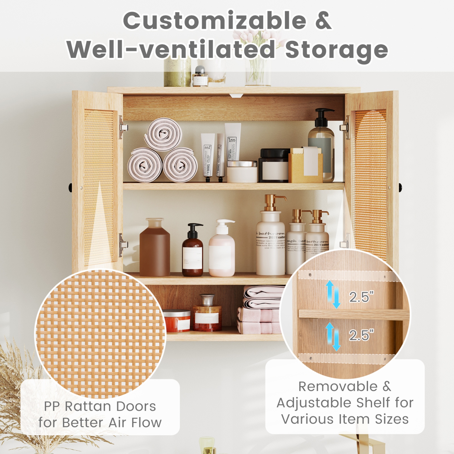 Gymax Bathroom Wall Cabinet Deep Bathroom Cabinet w/ Adjustable Shelves