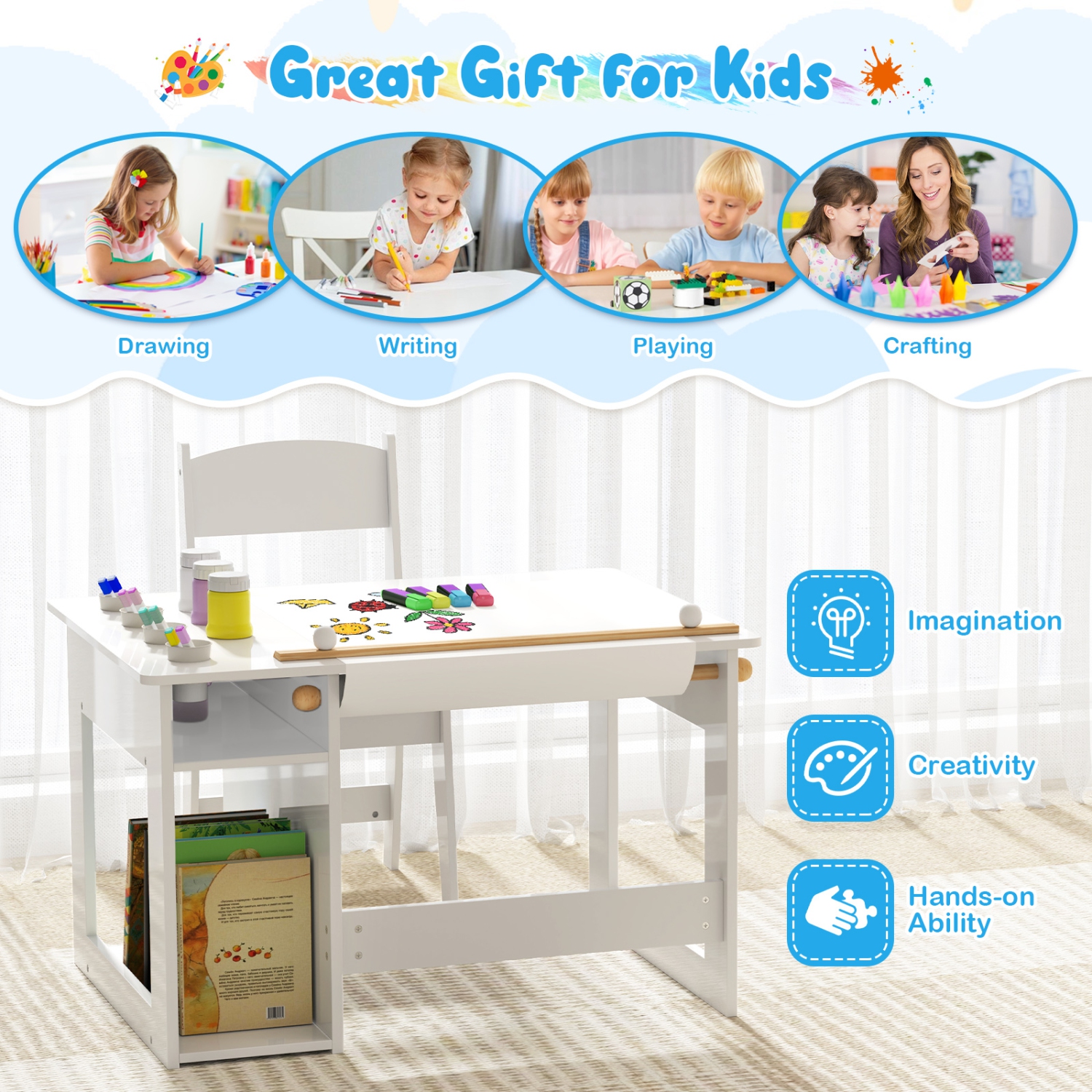 Gymax Kid's Art Table & Chair Set w/ Paper Roll 4 Paint Cups & 2 Storage Shelves