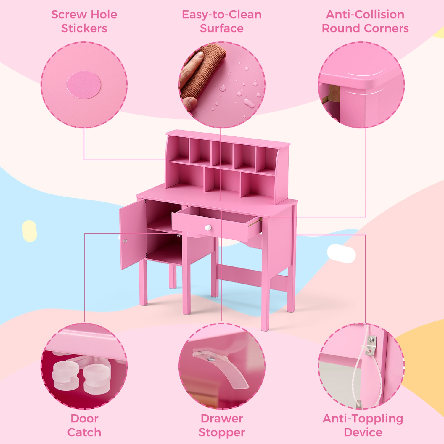 Gymax Kids Study Desk & Chair Set Children Wooden Craft Table w/ Chair & Hutch