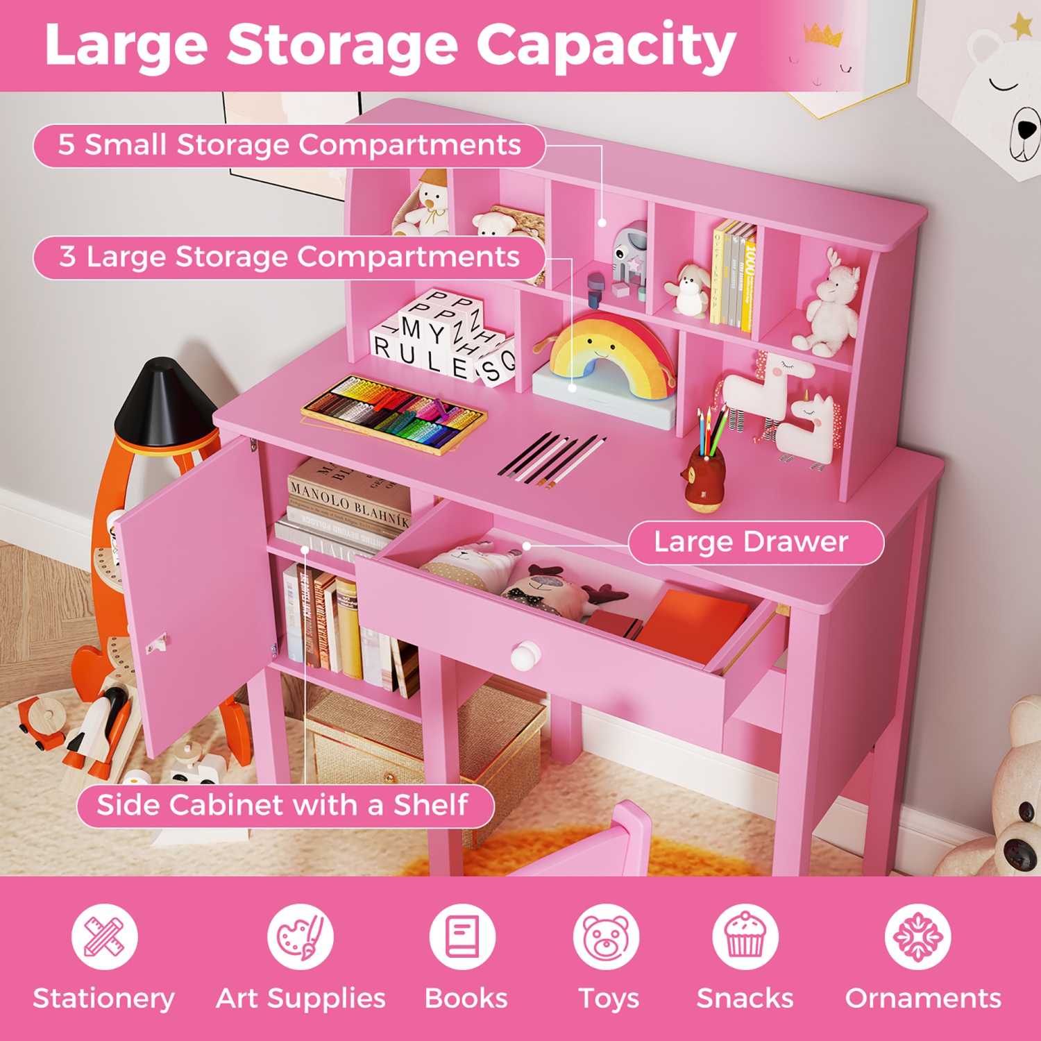 Gymax Kids Study Desk & Chair Set Children Wooden Craft Table w/ Chair & Hutch