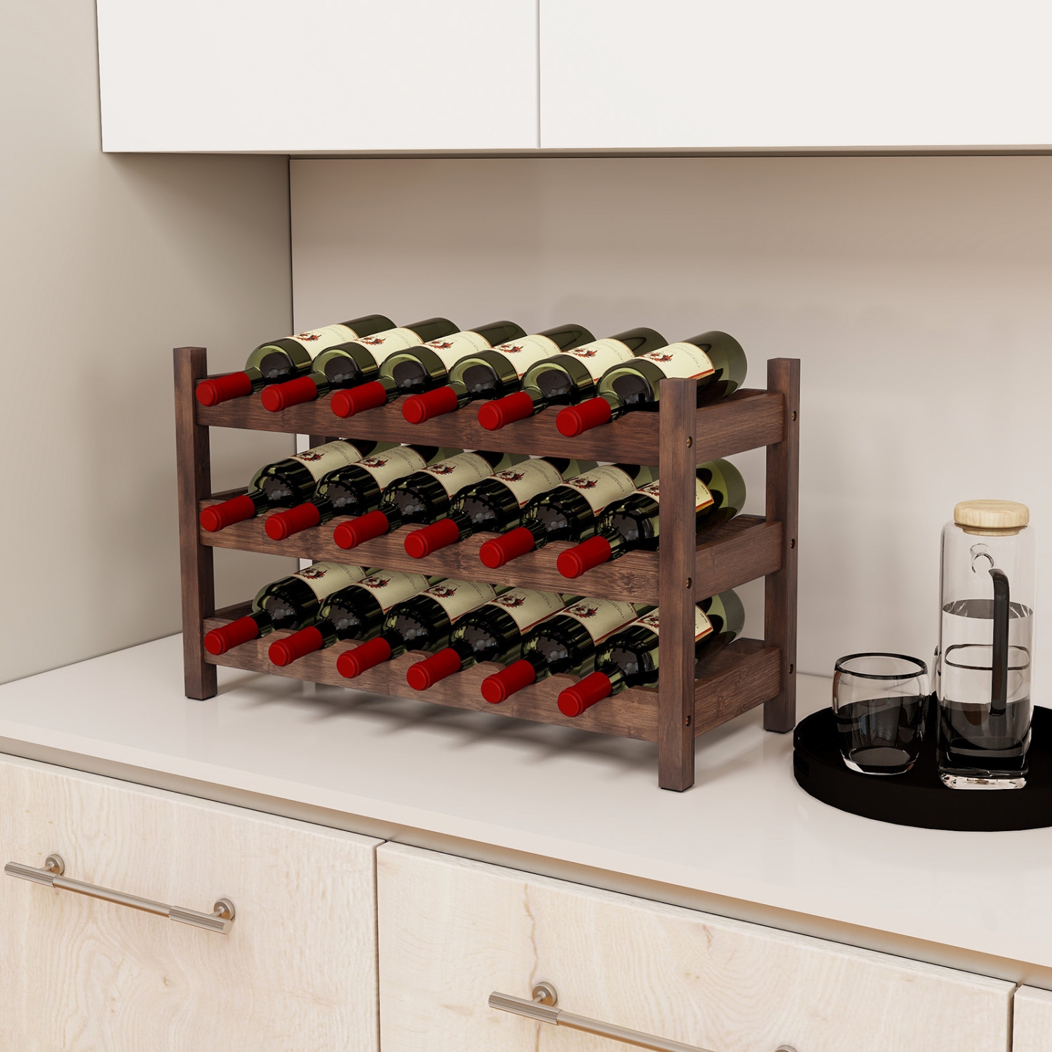Gymax 3 Tier 18 Bottle Wine Storage Cabinet Shelf Bamboo Wine Rack for Wine Lovers