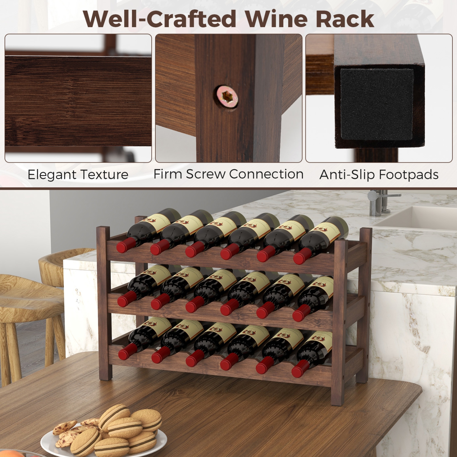 Gymax 3 Tier 18 Bottle Wine Storage Cabinet Shelf Bamboo Wine Rack for Wine Lovers
