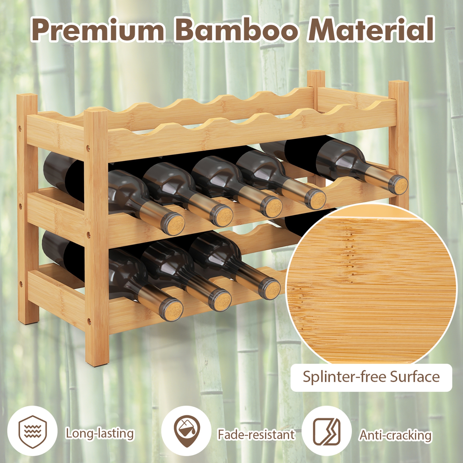 Gymax 3 Tier 18 Bottle Wine Storage Cabinet Shelf Bamboo Wine Rack for Wine Lovers