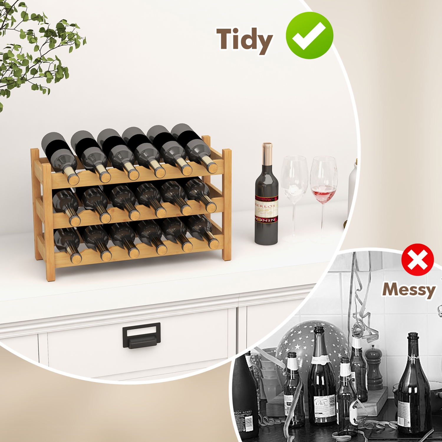 Gymax 3 Tier 18 Bottle Wine Storage Cabinet Shelf Bamboo Wine Rack for Wine Lovers