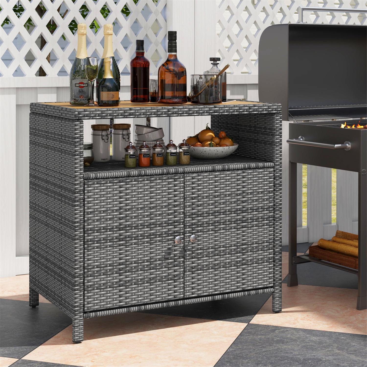 Gymax Patio Rattan Storage Cabinet w/ Acacia Wood Countertop Open Shelf 2 Door Cabinet