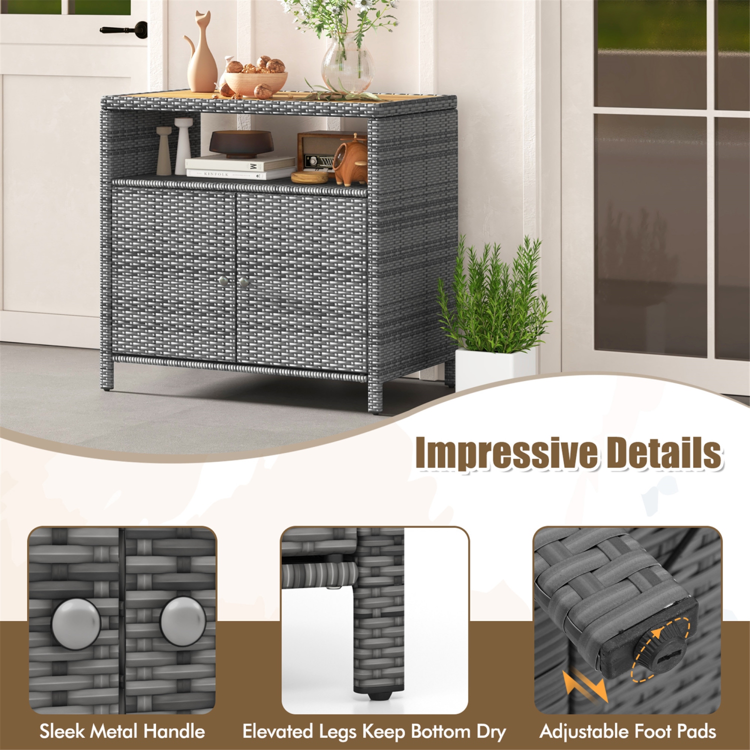 Gymax Patio Rattan Storage Cabinet w/ Acacia Wood Countertop Open Shelf 2 Door Cabinet