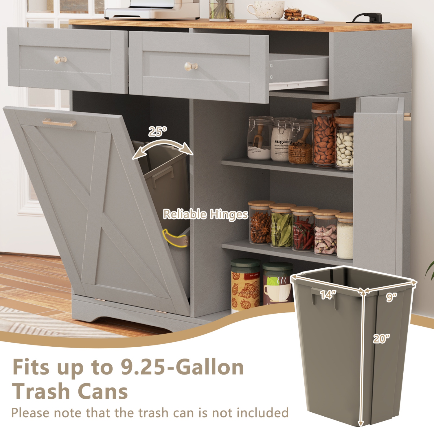 Gymax Tilt Out Trash Can Cabinet w/ Outlets 2 Drawers Adjustable Shelf Anti-Tipping Kit