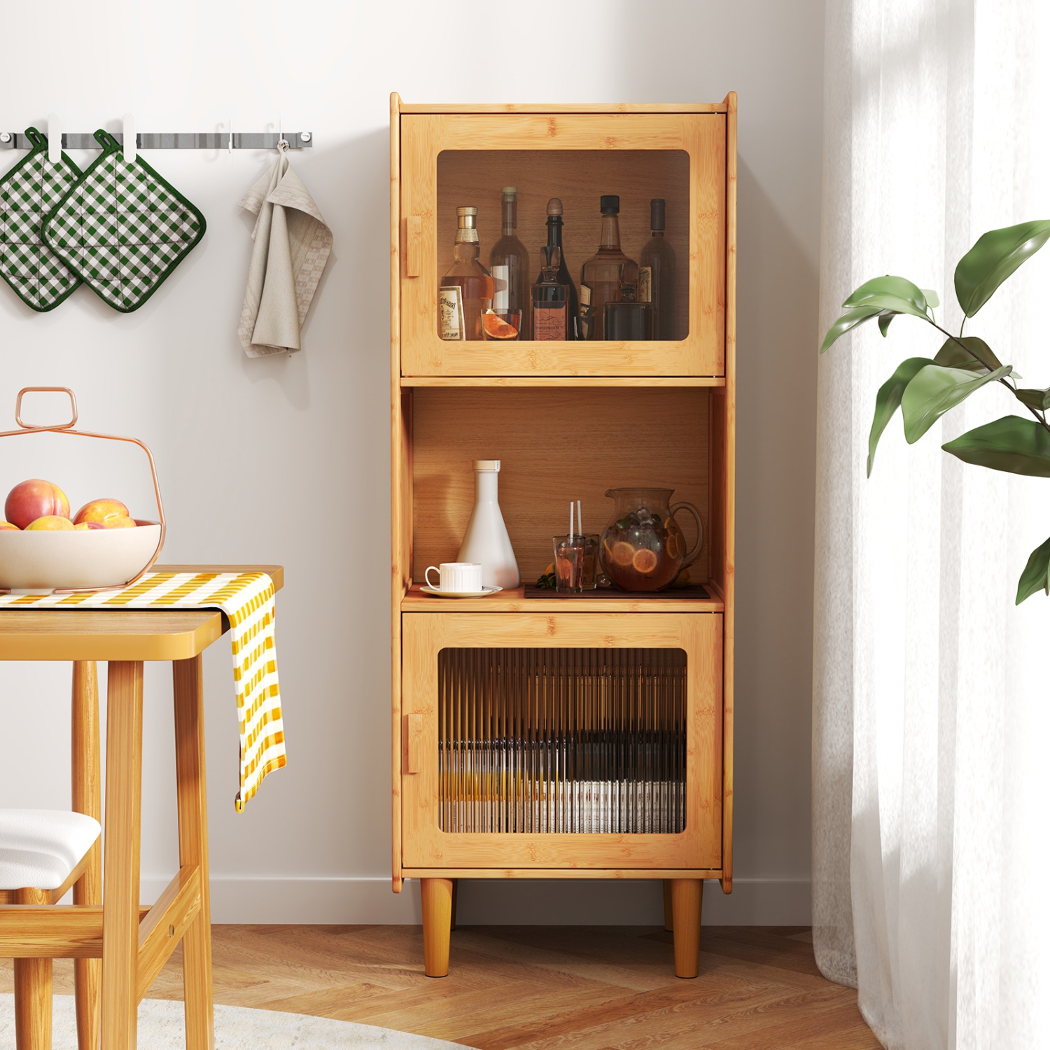 Gymax Bamboo Cabinet Narrow Kitchen Storage Cabinet w/ Open Compartment & Storage
