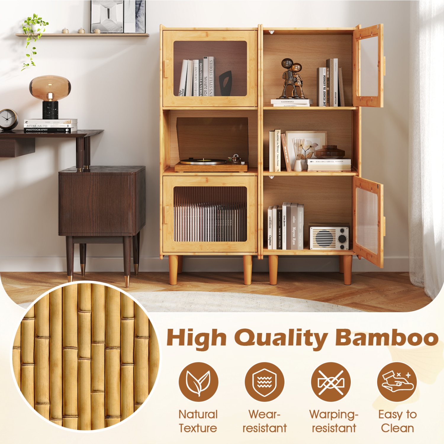 Gymax Bamboo Cabinet Narrow Kitchen Storage Cabinet w/ Open Compartment & Storage