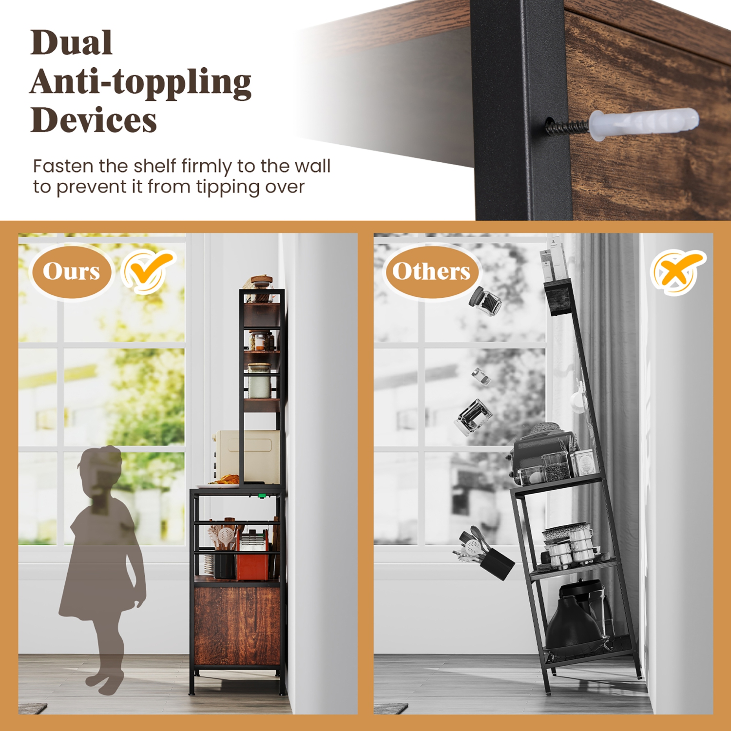 Gymax 67'' Bakers Rack w/ Power Outlet Coffee Bar Cabinet w/ S-Shaped Hooks