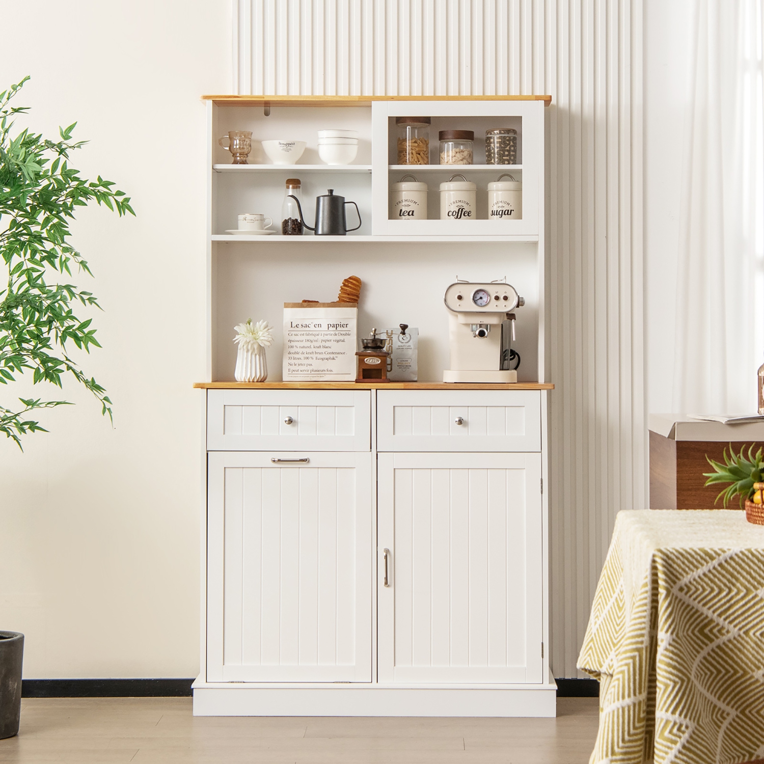 Gymax Double Tilt Out Trash Cabinet w/ Hutch Kitchen Pantry Storage Cabinet White