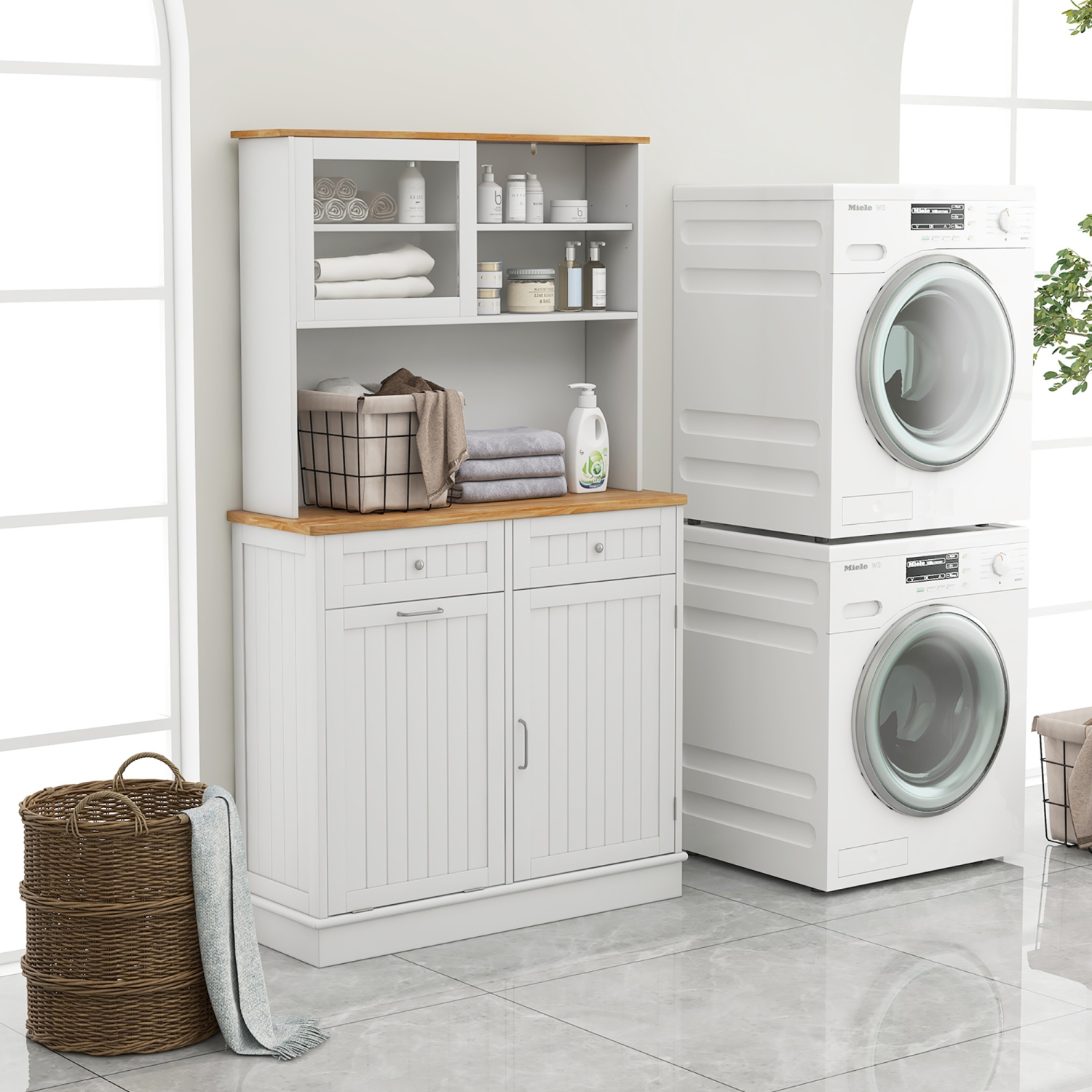 Gymax Double Tilt Out Trash Cabinet w/ Hutch Kitchen Pantry Storage Cabinet White