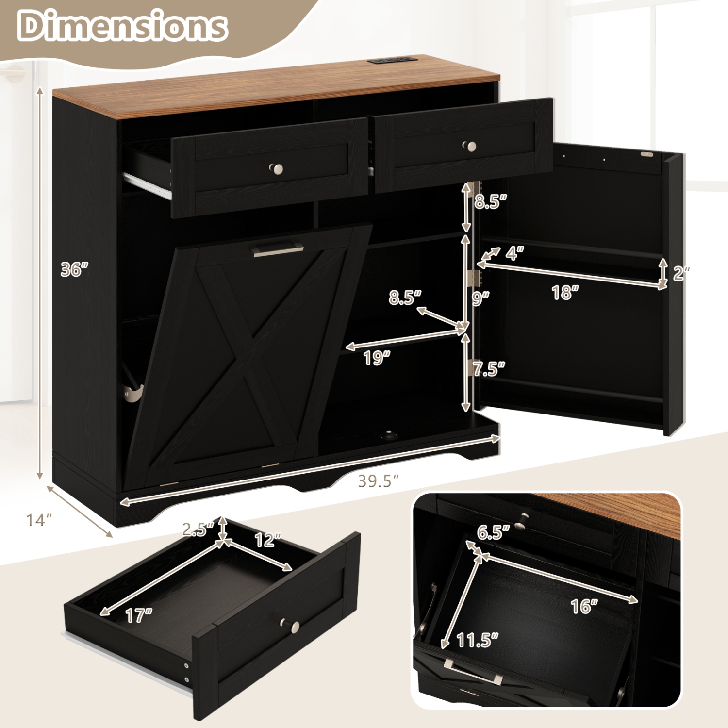 Gymax Tilt Out Trash Can Cabinet w/ Outlets 2 Drawers Adjustable Shelf Anti-Tipping Kit