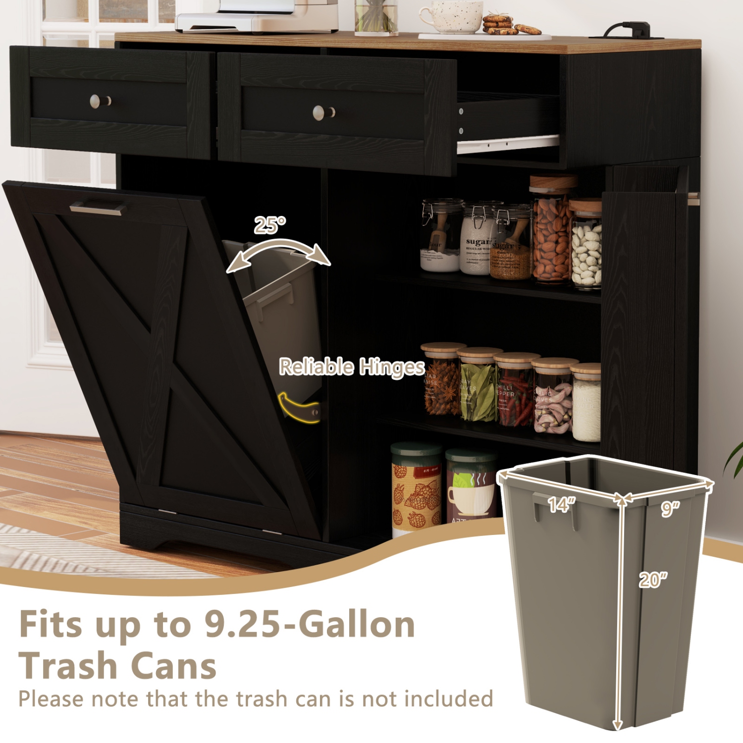 Gymax Tilt Out Trash Can Cabinet w/ Outlets 2 Drawers Adjustable Shelf Anti-Tipping Kit