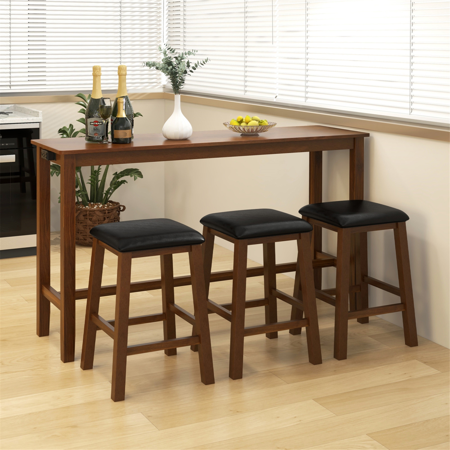 Gymax 4-Piece Bar Table Set w/ Power Outlet Counter-Height Table & 3 Bar Stools
