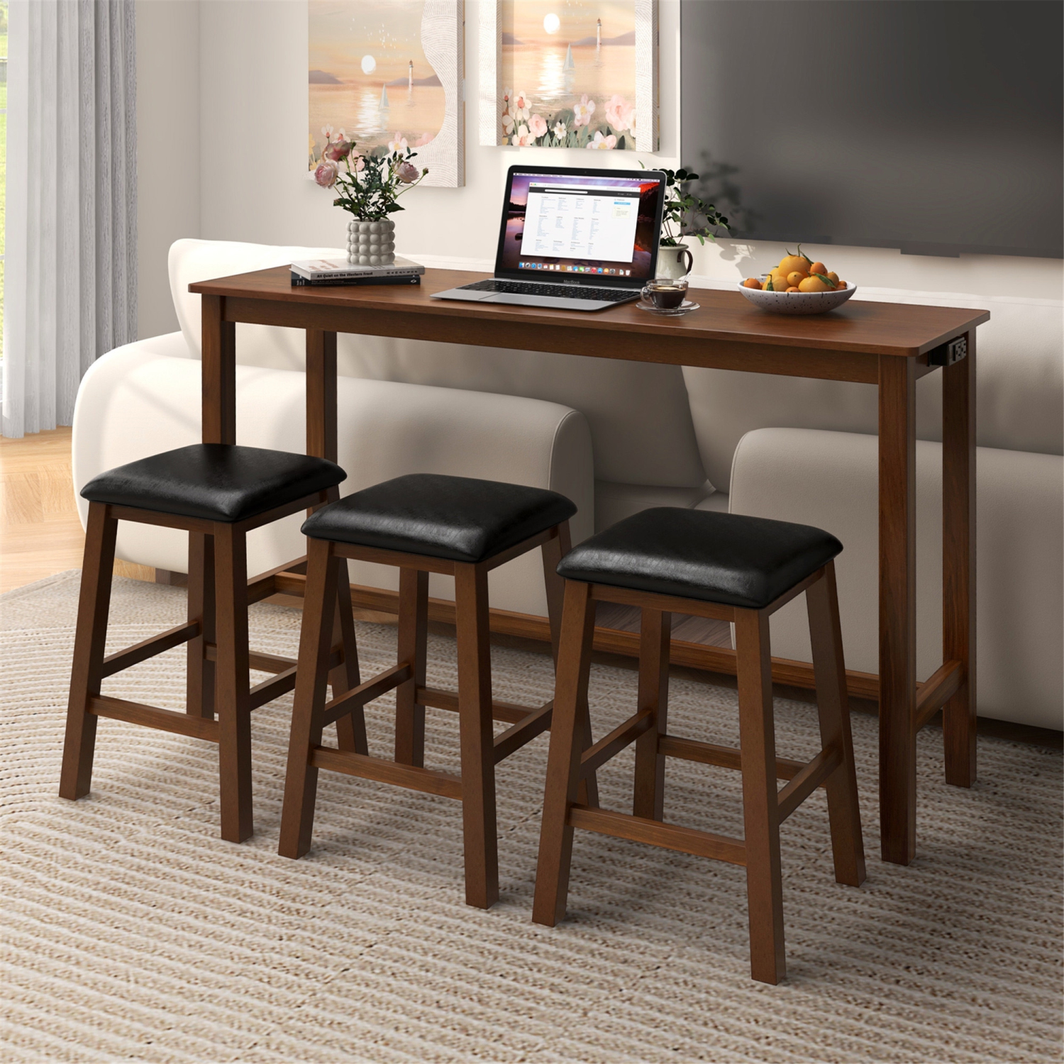 Gymax 4-Piece Bar Table Set w/ Power Outlet Counter-Height Table & 3 Bar Stools