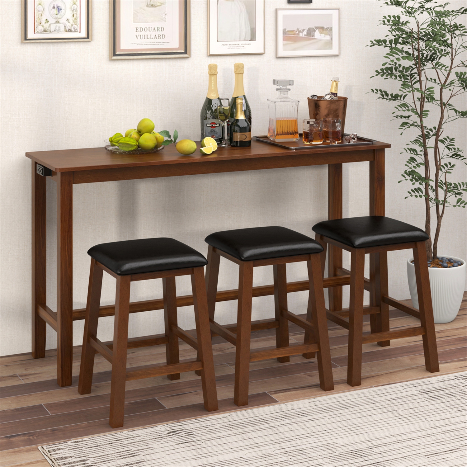 Gymax 4-Piece Bar Table Set w/ Power Outlet Counter-Height Table & 3 Bar Stools