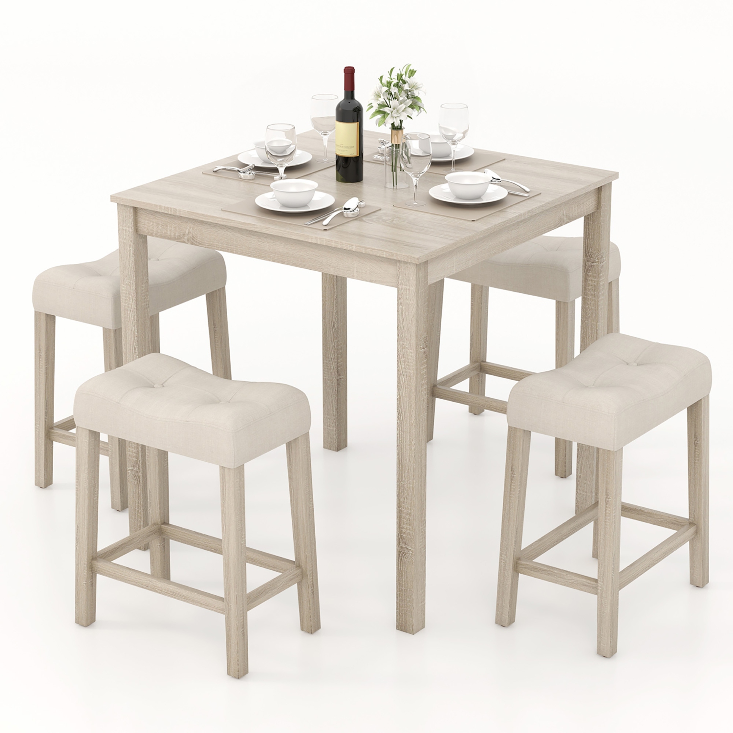 Gymax 5 PCS Square Bar Table Set for 4 w/ Padded Stools Rubber Wood Legs for Kitchen