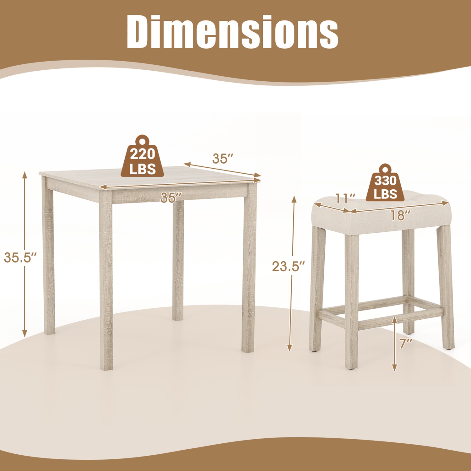 Gymax 5 PCS Square Bar Table Set for 4 w/ Padded Stools Rubber Wood Legs for Kitchen