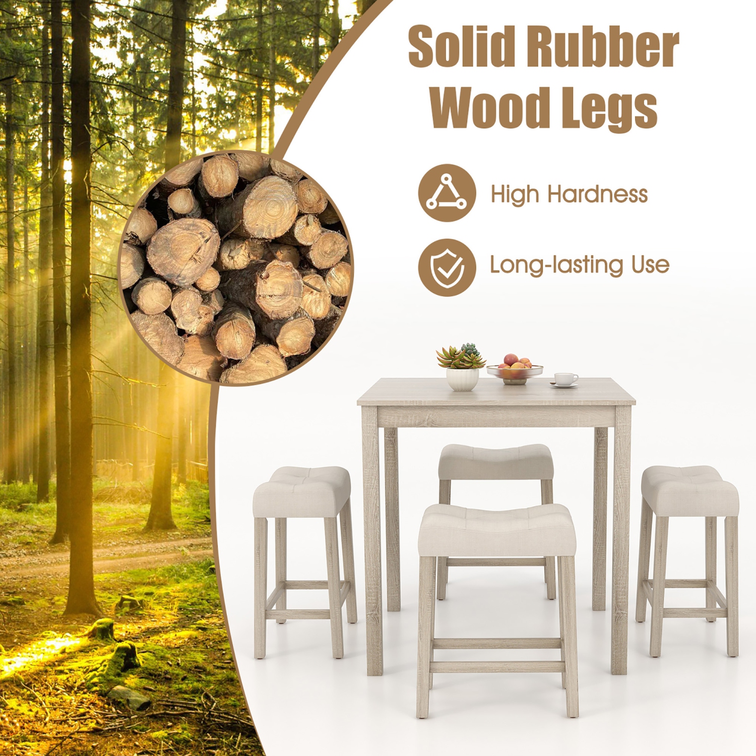 Gymax 5 PCS Square Bar Table Set for 4 w/ Padded Stools Rubber Wood Legs for Kitchen