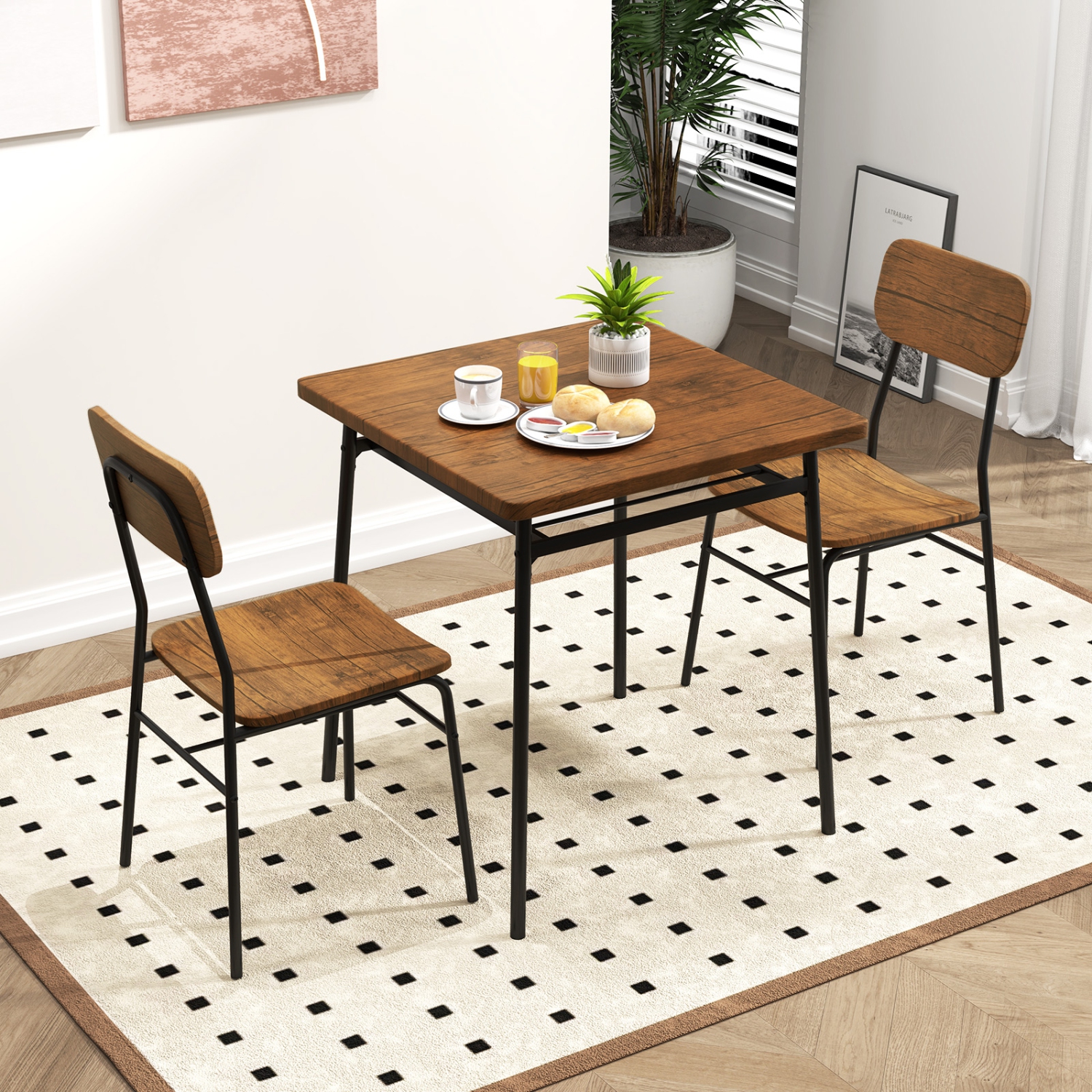 Gymax 3-Piece Wood Square Kitchen Table & Chair Set w/ Metal Frame Storage Rack