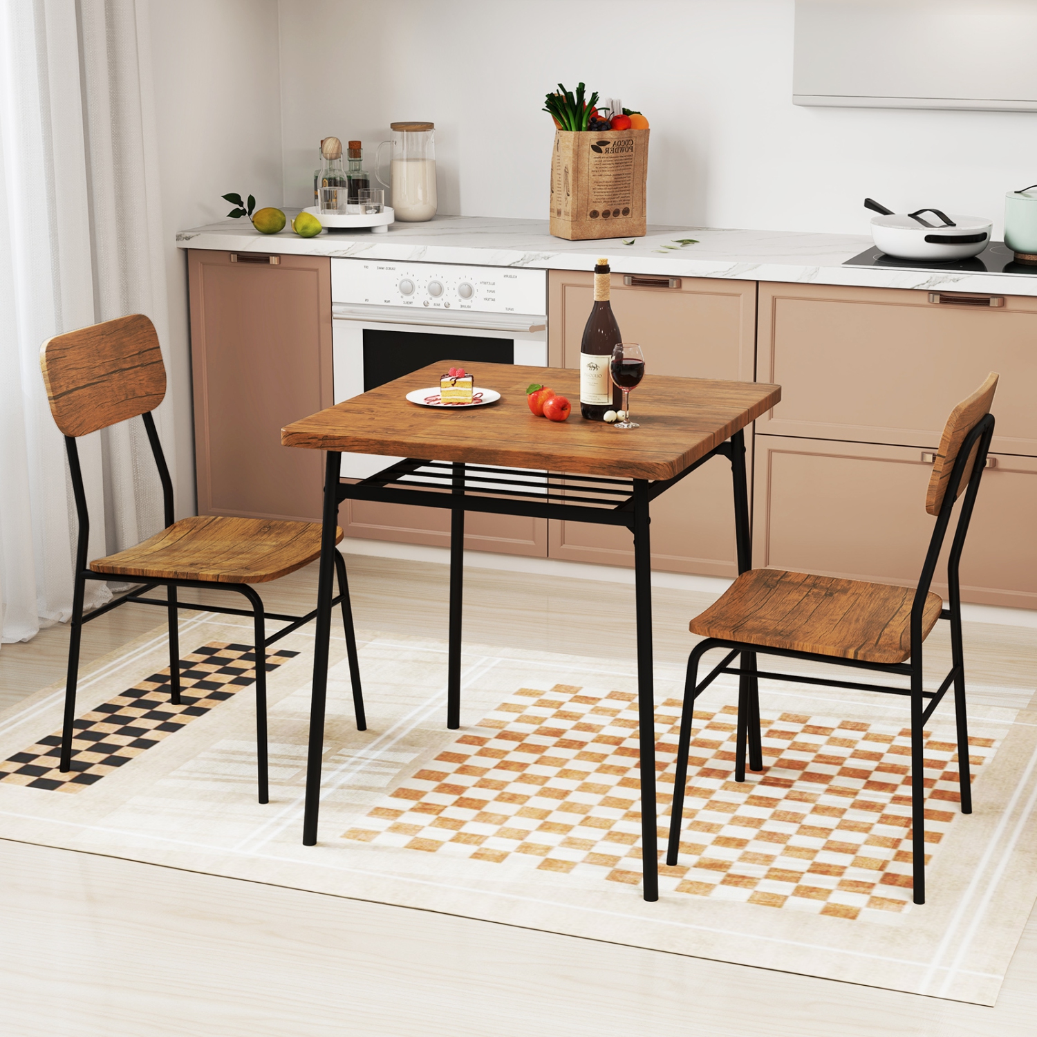 Gymax 3-Piece Wood Square Kitchen Table & Chair Set w/ Metal Frame Storage Rack